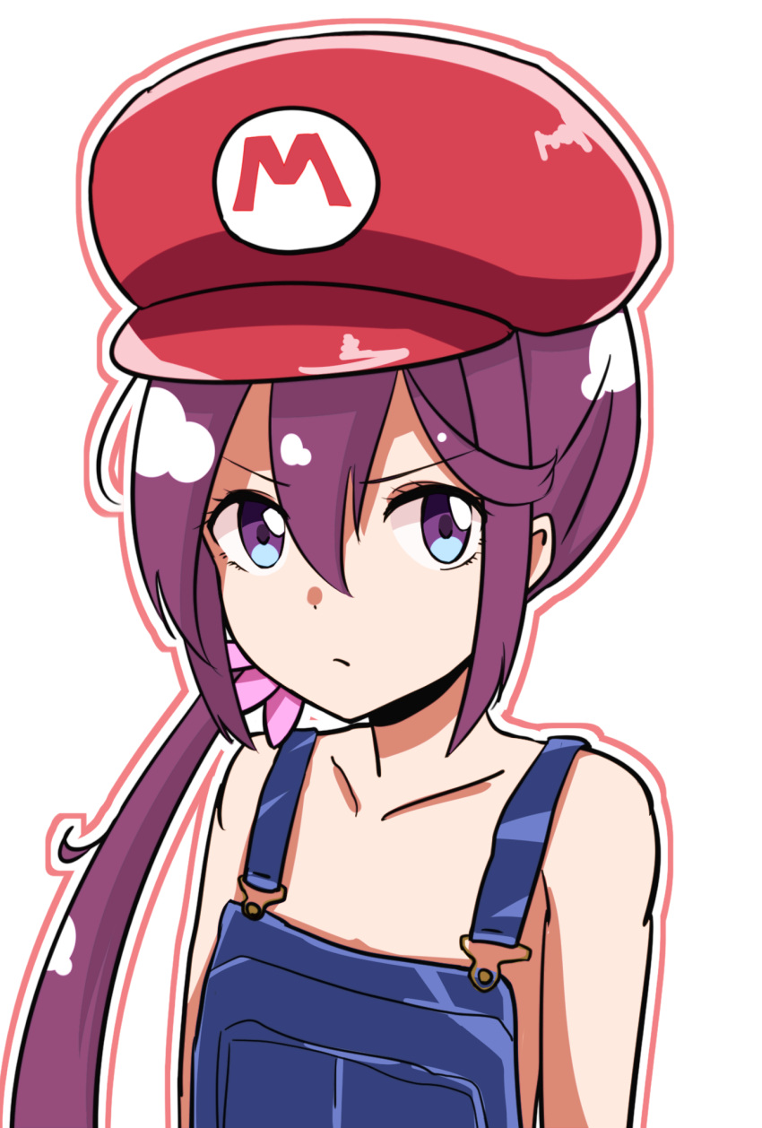 1girl akebono_(kantai_collection) bare_shoulders collarbone cosplay expressionless flower hair_flower hair_ornament hat highres kantai_collection kasoku_souchi long_hair looking_at_viewer mario mario_(cosplay) super_mario_bros. naked_overalls overalls purple_hair side_ponytail simple_background solo super_mario_bros. violet_eyes