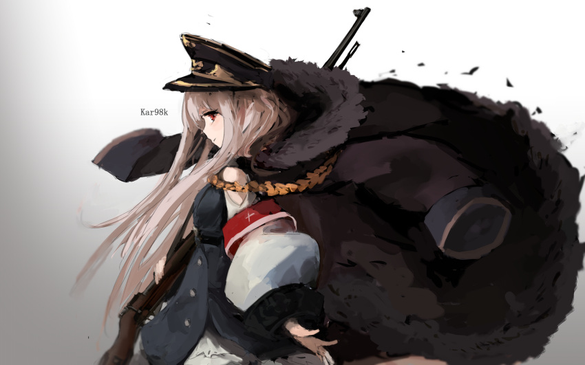 1girl aiguillette arm arm_at_side artist_name belt black_belt black_coat black_footwear black_hat blush bolt_action breasts buttons character_name coat collared_coat floating_hair fringe from_side fur-trimmed_coat fur_trim german german_clothes girls_frontline gradient gradient_background gun hair_between_eyes hands_in_sleeves hat highres holding holding_gun holding_weapon iron_cross kar98k_(girls_frontline) layered_skirt lipstick long_hair long_sleeves looking_at_viewer makeup mauser_98 medium_breasts open_clothes open_coat outstretched_hand oversized_clothes parted_lips peaked_cap red_eyes shirt shoulder_cutout sidelocks silver_hair simple_background skirt sleeves_past_wrists smile smoke solo sparkle standing unitsu very_long_hair weapon white_skirt wide_sleeves wind wind_lift
