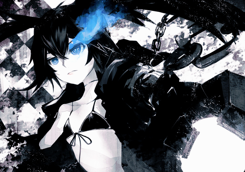 1girl black_bikini_top black_hair black_rock_shooter black_rock_shooter_(character) blue_eyes burning_eye chains checkered collarbone flat_chest front-tie_top hair_between_eyes long_hair solo standing twintails uni_(bom19850101) upper_body