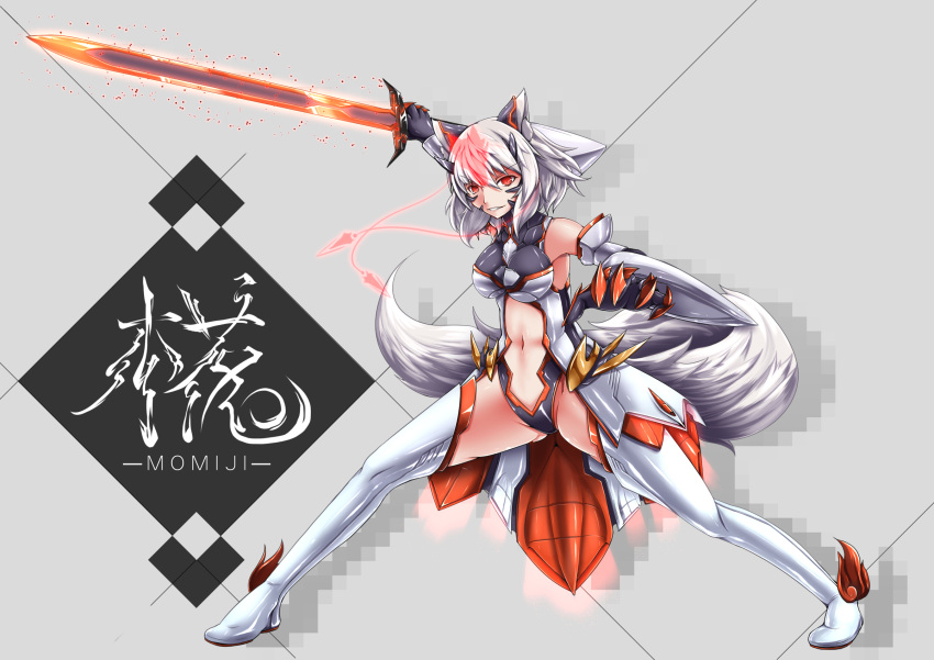 1girl adapted_costume albino alternate_costume animal_ears bare_shoulders boots center_opening character_name claws commentary_request detached_sleeves eyebrows_visible_through_hair fake_horns fighting_stance gloves glowing glowing_sword glowing_weapon grey_background grin headgear highres inubashiri_momiji inyuppo navel red_eyes shiny shiny_clothes shiny_skin short_hair slit_pupils smile sword tail thigh-highs thigh_boots touhou weapon white_hair wide_sleeves wolf_ears wolf_girl wolf_tail