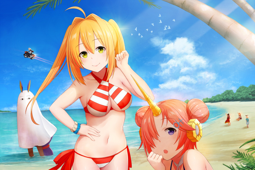 6+girls :o akky_(akimi1127) arms_up artoria_pendragon_(all) bangs beach bikini black_hair blonde_hair breasts chacha_(fate/grand_order) cleavage cloak day double_bun eyebrows_visible_through_hair fate/grand_order fate_(series) frankenstein's_monster_(swimsuit_saber)_(fate) green_eyes ground_vehicle hair_between_eyes hair_intakes hair_ornament hair_over_one_eye hand_on_hip hand_up highres large_breasts light_rays long_hair looking_at_viewer low-tied_long_hair medjed motor_vehicle motorcycle multiple_girls navel nero_claudius_(swimsuit_caster)_(fate) nitocris_(swimsuit_assassin)_(fate) ocean oda_nobunaga_(swimsuit_berserker)_(fate) open_mouth outdoors pink_hair purple_hair red_bikini saber_alter sakura_saber short_hair side-tie_bikini sidelocks sitting standing striped striped_bikini sunbeam sunlight swimsuit twintails violet_eyes wading white_bikini