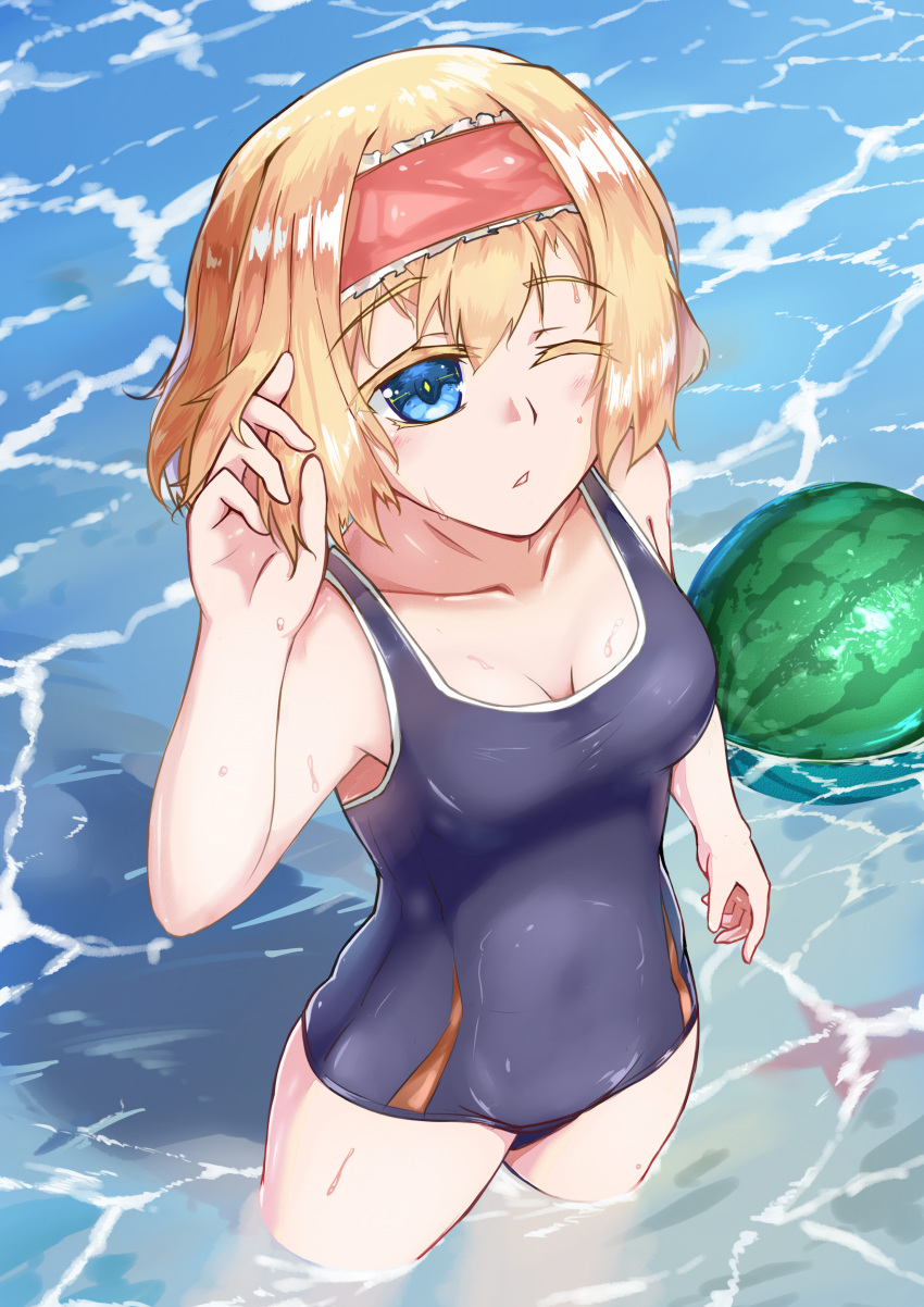 1girl absurdres alice_margatroid beach blonde_hair blue_eyes blue_swimsuit breasts cleavage eyebrows food from_above fruit hairband highres lolita_hairband looking_up ocean one-piece_swimsuit one_eye_closed sea_star short_hair small_breasts solo swimsuit touhou wanjie_sa_hua water watermelon
