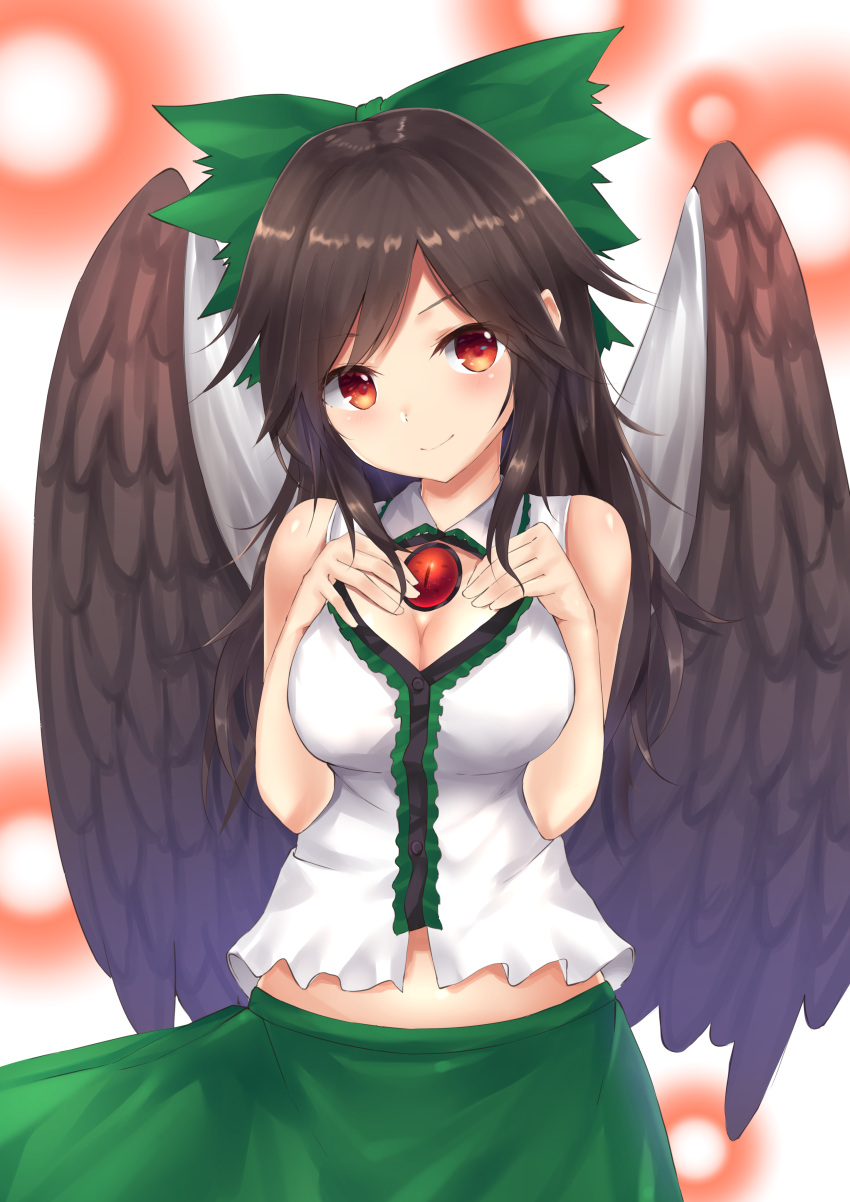 1girl absurdres blush bow breasts brown_hair cleavage closed_mouth eyebrows_visible_through_hair green_bow hair_bow hands_on_own_chest highres large_breasts long_hair looking_at_viewer phano_(125042) red_eyes reiuji_utsuho smile touhou wings