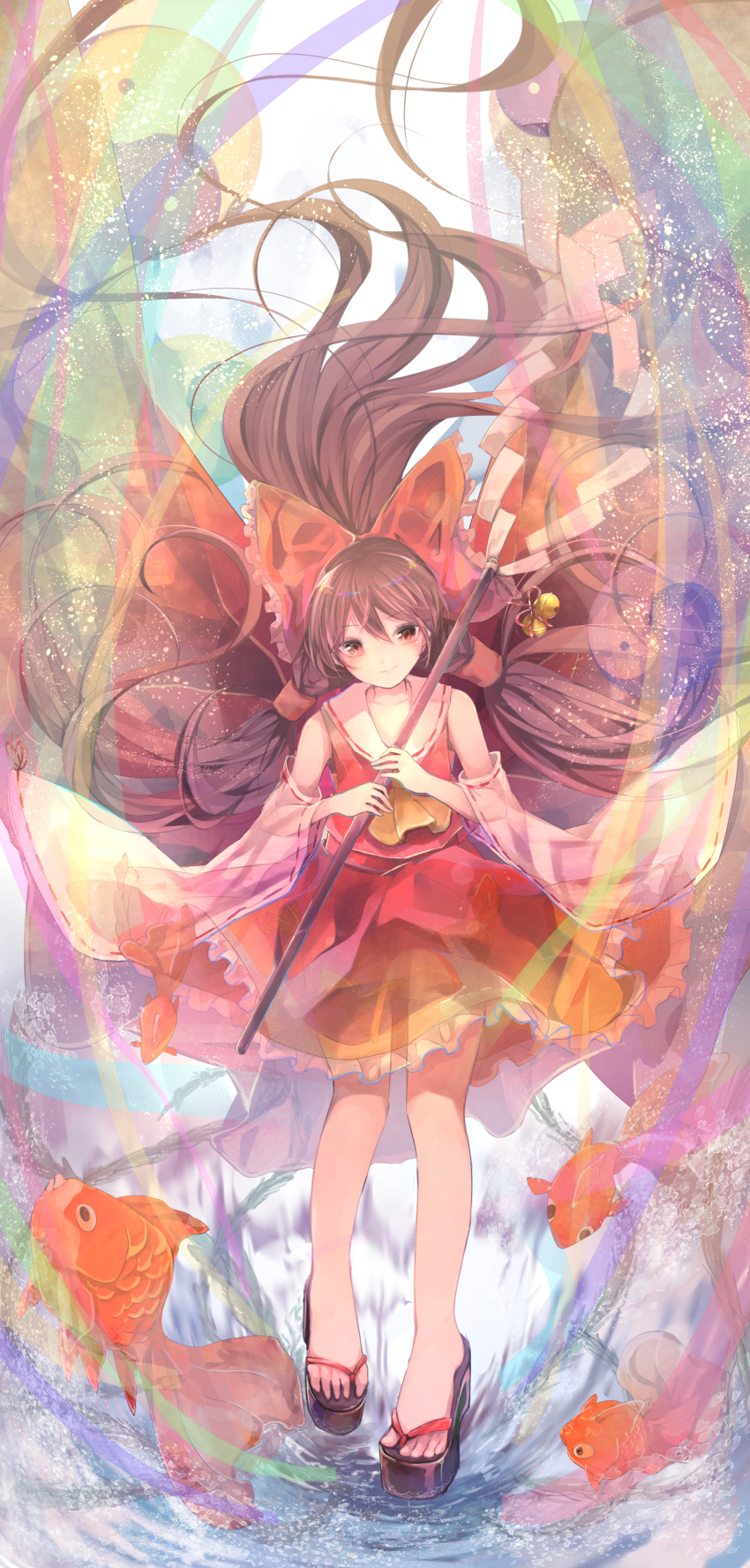 1girl absurdres bow brown_eyes brown_hair collarbone detached_sleeves eyebrows_visible_through_hair floating_hair frilled_skirt frills full_body hair_between_eyes hair_bow hakurei_reimu highres holding long_hair negimapurinn red_bow red_shirt red_skirt ribbon-trimmed_sleeves ribbon_trim see-through shirt skirt sleeveless sleeveless_shirt smile solo standing tears touhou twintails very_long_hair
