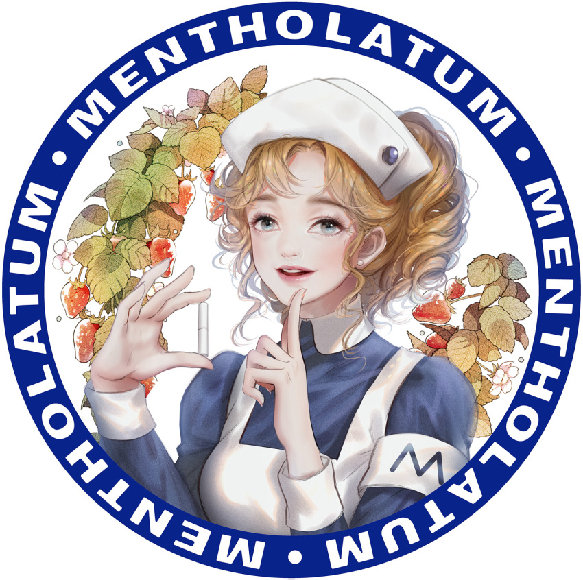 1girl armband blue_eyes copyright_name earrings food fruit hat highres index_finger_raised jewelry light_brown_hair looking_at_viewer mentholatum miemia nurse_cap open_mouth strawberry stud_earrings upper_body