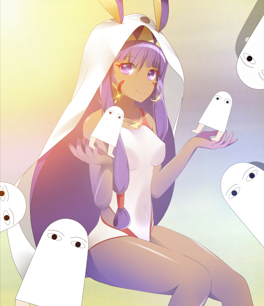 1girl animal_ears bangs dark_skin earrings erect_nipples eyebrows_visible_through_hair facial_mark fate/grand_order fate_(series) hairband highres hoop_earrings invisible_chair jewelry long_hair looking_at_viewer medjed nitocris_(fate/grand_order) nitocris_(swimsuit_assassin)_(fate) one-piece_swimsuit purple_hair sitting smile solo swimsuit very_long_hair violet_eyes yahoo0124