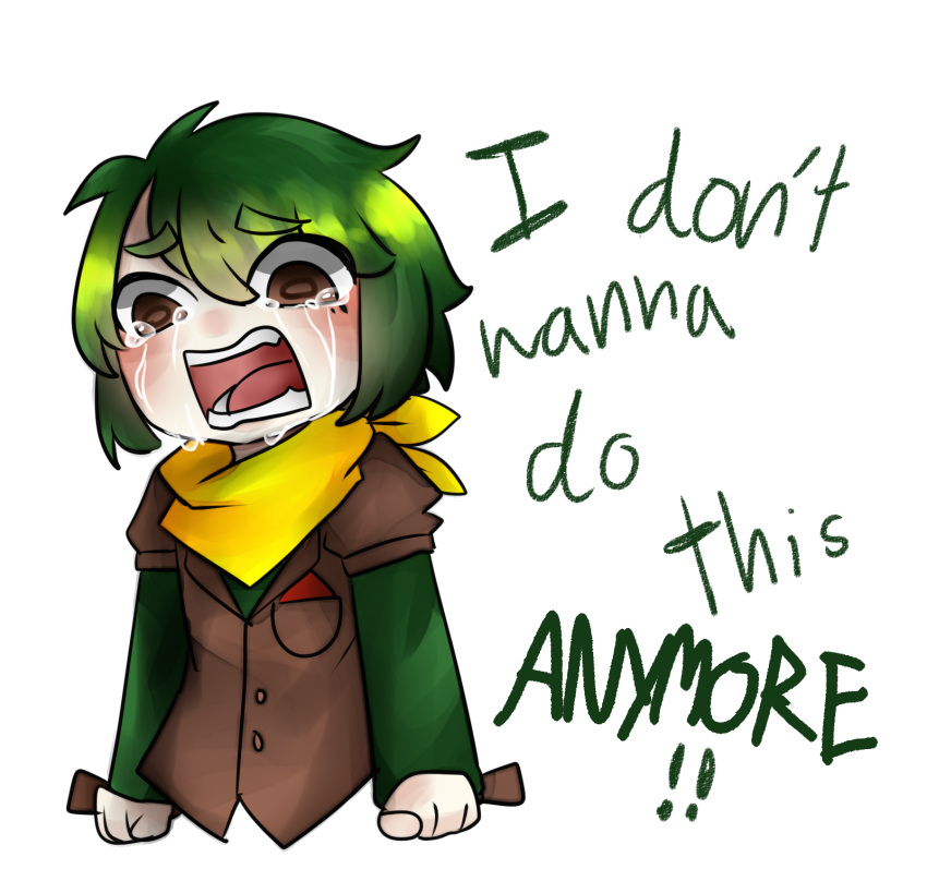 1girl brown_eyes clenched_hands crying crying_with_eyes_open don't_hug_me_i'm_scared english genderswap genderswap_(mtf) green_hair highres personification robin_(dhmis) solo tears text transparent_background