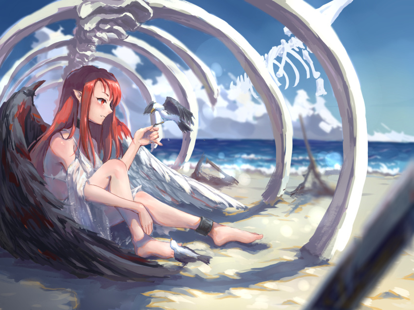 1girl angel_wings asymmetrical_wings bare_legs barefoot beach bird bird_on_hand blood bloody_wings blue_sky blurry bra clouds cuffs day demon_wings depth_of_field dress feathered_wings hand_up highres knee_up long_hair looking_down ocean original outdoors parted_lips pointy_ears profile red_eyes redhead seagull shackles shadow shifan_bluz sitting skeleton sky solo torn_clothes torn_dress underwear white_bra white_dress wings
