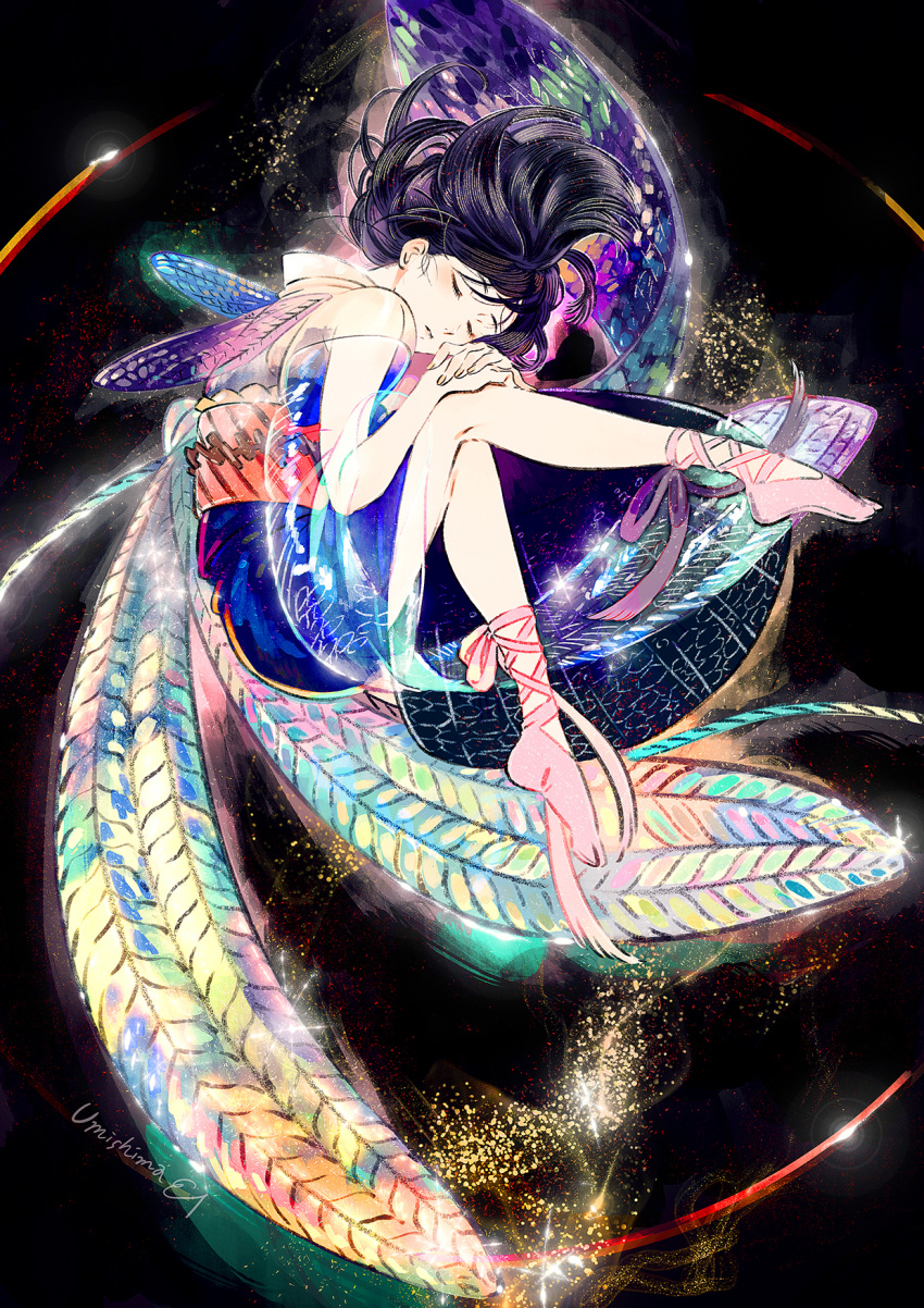 1girl artist_signature bangs black_hair blue_dress closed_eyes closed_mouth dress fairy_wings floating floating_hair full_body hand_on_hand head_on_hand highres legs medium_hair multicolored multicolored_wings multiple_wings pink_shoes see-through shoes signature sleeping solo umishima_senbon wings