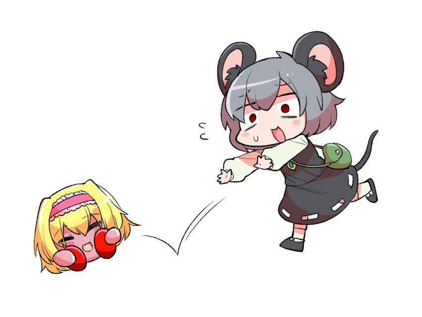 2girls :d alice_margatroid animal_ears bag blonde_hair grey_hair handbag headband kirby kirby_(series) mouse_ears mouse_tail multiple_girls nazrin nintendo open_mouth red_eyes running smile sweatdrop syowahoka tail touhou transparent_background
