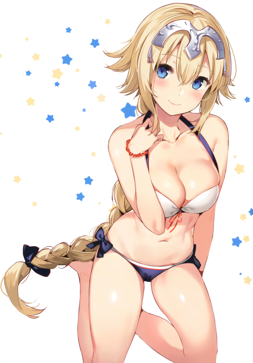 1girl absurdres bangs bare_shoulders bikini blonde_hair blue_bikini_bottom blue_eyes blush bow bow_bikini bracelet braid breasts cleavage closed_mouth collarbone detexted eyebrows_visible_through_hair fate/apocrypha fate_(series) front-tie_bikini front-tie_top hair_between_eyes hair_bow halterneck hand_on_own_shoulder headpiece highres hips jewelry large_breasts legs long_braid long_hair looking_at_viewer navel revision ruler_(fate/apocrypha) scan simple_background single_braid sitting solo star swimsuit thighs very_long_hair waist white_background white_bikini_top yokozuwari yuran