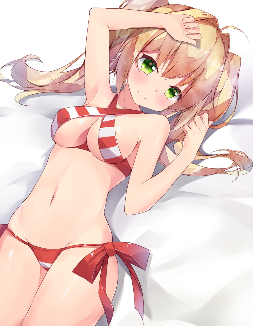 1girl ahoge arm_up bangs bikini blush breasts cleavage closed_mouth criss-cross_halter fate/grand_order fate_(series) hair_intakes halter_top halterneck hand_up highres long_hair looking_at_viewer lying medium_breasts msile nero_claudius_(swimsuit_caster)_(fate) on_back red_bikini side-tie_bikini sidelocks smile solo swimsuit twintails twiska_(doubitian) white_bikini
