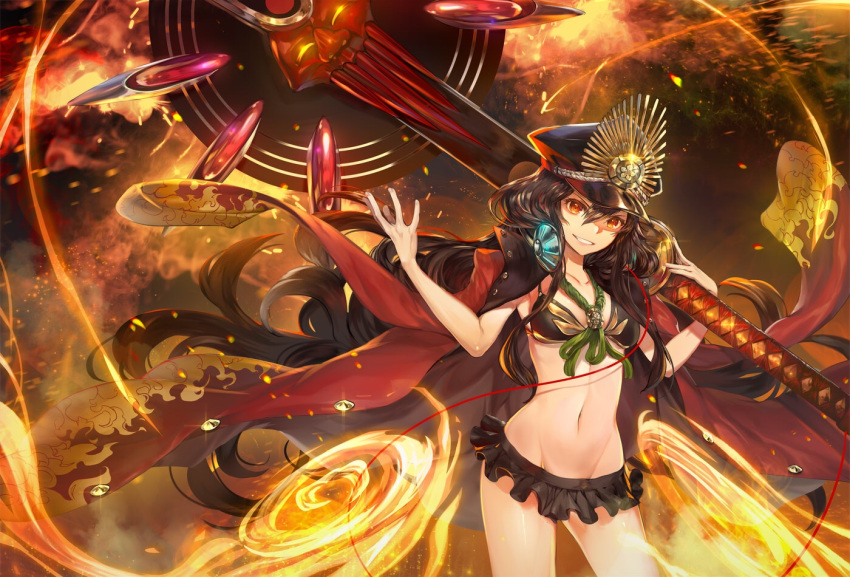 1girl bangs bikini bikini_skirt black_bikini black_hair black_skirt club coat embers fate/grand_order fate_(series) fire frilled_bikini frills grin hair_between_eyes hands_up hat headphones headphones_around_neck holding holding_weapon jacket_on_shoulders khanshin long_hair looking_at_viewer military_hat navel oda_nobunaga_(swimsuit_berserker)_(fate) orange_eyes parted_lips peaked_cap skirt smile solo swimsuit tsurime wavy_hair weapon