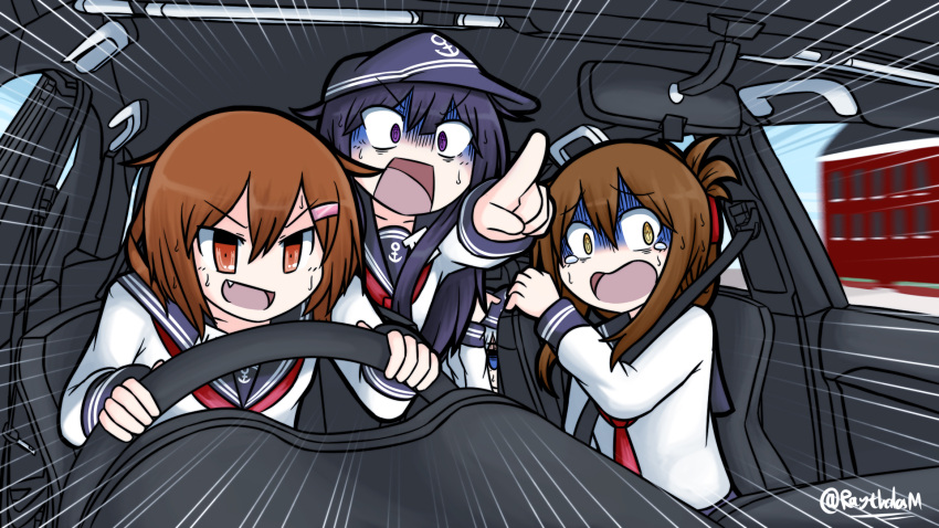 10s 4girls akatsuki_(kantai_collection) anchor_symbol car_interior commentary flat_cap folded_ponytail hat hibiki_(kantai_collection) highres ikazuchi_(kantai_collection) inazuma_(kantai_collection) kantai_collection long_hair multiple_girls neckerchief raythalosm school_uniform serafuku silver_hair sweat white_hair