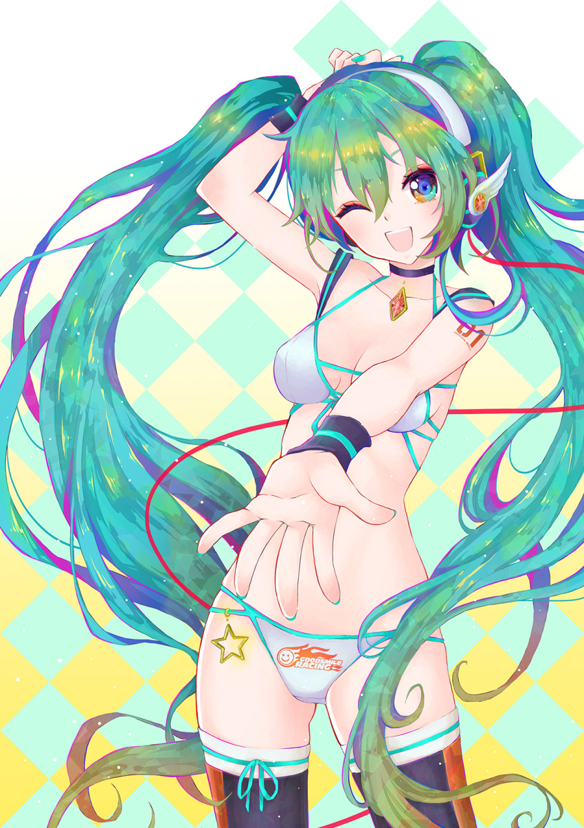 1girl ;d arm_up bikini checkered checkered_background goodsmile_company goodsmile_racing green_eyes green_hair hatsune_miku headphones highres long_hair nail_polish one_eye_closed open_mouth outstretched_arm racequeen racing_miku smile solo swimsuit tattoo thigh-highs twintails very_long_hair vocaloid white_bikini