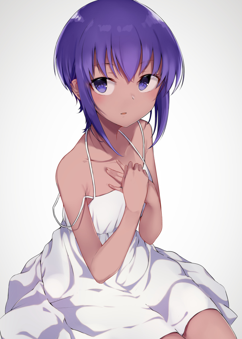 1girl absurdres assassin_(fate/prototype_fragments) blush dark_skin dress fate/prototype fate/prototype:_fragments_of_blue_and_silver fate_(series) hand_on_own_chest highres looking_at_viewer monobe_tsukuri open_mouth purple_hair short_hair simple_background sitting solo strap_slip sundress violet_eyes white_dress