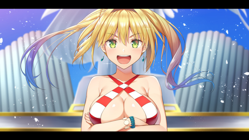 1girl ahoge bikini blonde_hair blush breasts cleavage commentary_request criss-cross_halter crossed_arms fate/grand_order fate_(series) green_eyes hair_intakes halterneck large_breasts letterboxed long_hair looking_at_viewer nero_claudius_(swimsuit_caster)_(fate) open_mouth saber_extra smile solo striped striped_bikini swimsuit twintails umihotaru_harumare
