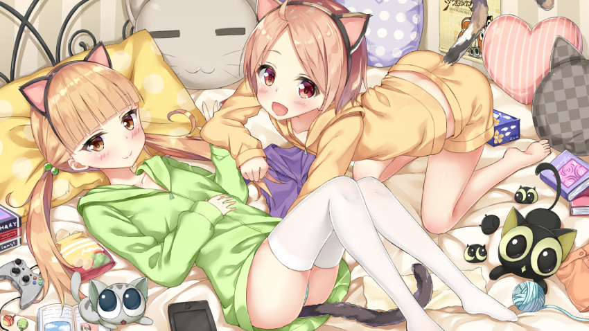 2girls animal_ears bed black_cat book cat cat_ears cat_pillow cat_tail cellphone heart heart_pillow highres long_hair luoxiaobai luoxiaohei multiple_girls open_mouth phone pillow shanxin_(the_legend_of_luoxiaohei) smartphone smile snack tagme tail the_legend_of_luoxiaohei thigh-highs white_cat