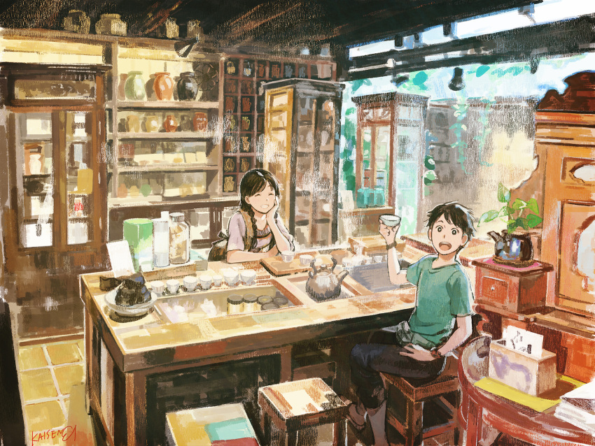 1boy 1girl :d apron artist_signature bangs black_pants bracelet braid breasts cabinet chair chin_rest closed_eyes cup green_shirt hair_over_shoulder highres holding holding_cup indoors jewelry looking_at_viewer medium_breasts open_mouth pants plant potted_plant shirt short_sleeves signature sitting smile table teapot umishima_senbon vase
