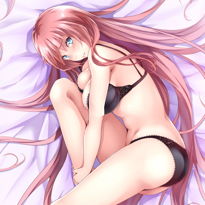 1girl bangs bare_arms bare_legs bare_shoulders barefoot bed_sheet bit_(keikou_syrup) black_bra black_panties blue_eyes blush bra breasts closed_mouth commentary_request eyebrows_visible_through_hair eyelashes from_above highres knee_to_chest knee_up lace lace-trimmed_bra lace-trimmed_panties large_breasts lips long_hair looking_at_viewer looking_away lying megurine_luka on_bed on_side panties pink_hair pink_lips solo underwear underwear_only very_long_hair vocaloid