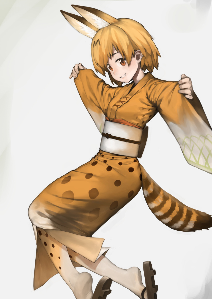 10s 1girl absurdres animal_ears brown_eyes commentary extra_ears geta grin highres japanese_clothes kemono_friends kimono looking_at_viewer obi ponderogen print_legwear sash serval_(kemono_friends) serval_ears serval_print serval_tail short_hair smile solo striped_tail tail wide_sleeves