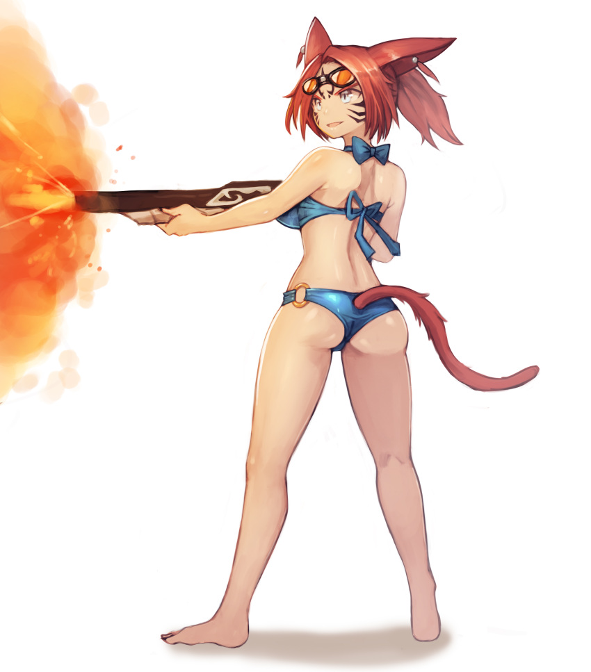 1girl absurdres animal_ears ass barefoot blue_eyes blush breasts cat_ears cat_tail commission final_fantasy final_fantasy_xiv firing from_behind goggles goggles_on_head gun highres holding holding_gun holding_weapon large_breasts looking_away miqo'te parted_lips redhead smile solo sookmo tail weapon