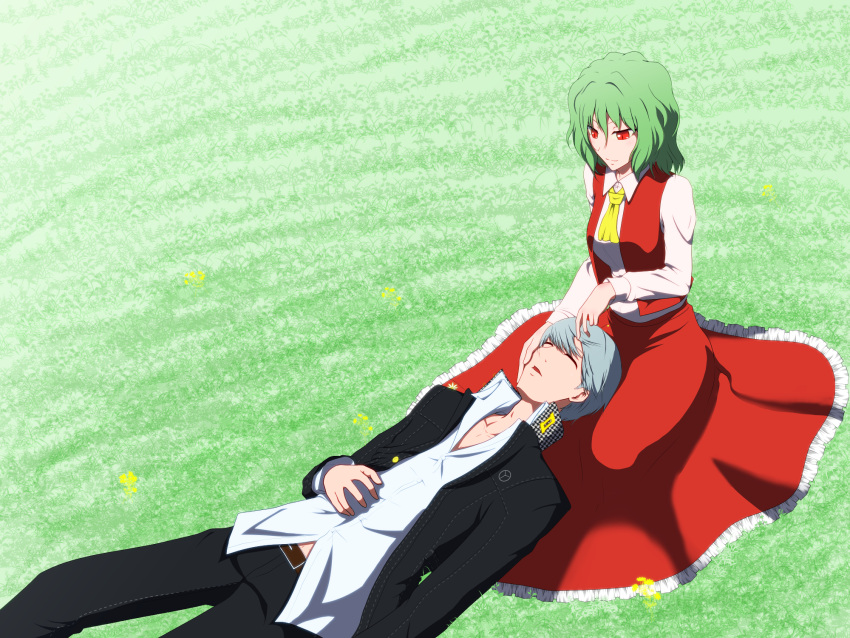 1boy 1girl arm_at_side ascot belt buttons closed_eyes closed_mouth collarbone crossover field frilled_skirt frills grass green_hair grey_hair hair_between_eyes hand_on_another's_face hand_rest highres ho-ri- houndstooth jacket kazami_yuuka lap_pillow long_skirt long_sleeves looking_at_another lying narukami_yuu on_back open_clothes open_jacket pants parted_lips persona persona_4 red_eyes red_skirt red_vest school_uniform shirt short_hair sitting skirt skirt_set sleeping slit_pupils smile touhou unbuttoned vest white_shirt yasogami_school_uniform