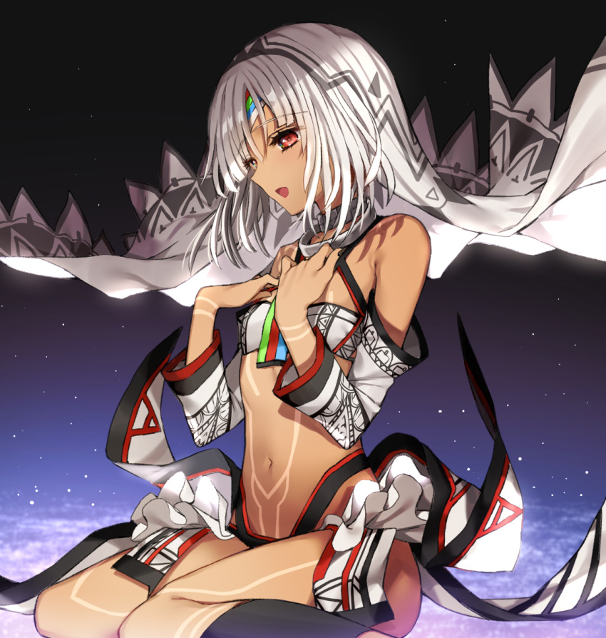 1girl altera_(fate) bandeau bangs bare_shoulders bikini black_bikini_bottom black_nails blunt_bangs breasts cape choker collarbone cowboy_shot dark_skin detached_sleeves eyebrows_visible_through_hair eyelashes fate/extella fate/extra fate/grand_order fate_(series) fingernails frilled_skirt frills from_side full_body_tattoo gambe grey_hair groin hair_between_eyes hands_on_own_chest hands_up headpiece highres layered_skirt long_fingernails midriff nail_polish navel open_mouth red_eyes revealing_clothes short_hair showgirl_skirt sitting skirt small_breasts solo swimsuit tattoo underwear veil waist_cape wariza weapon white_bikini_top white_hair white_skirt