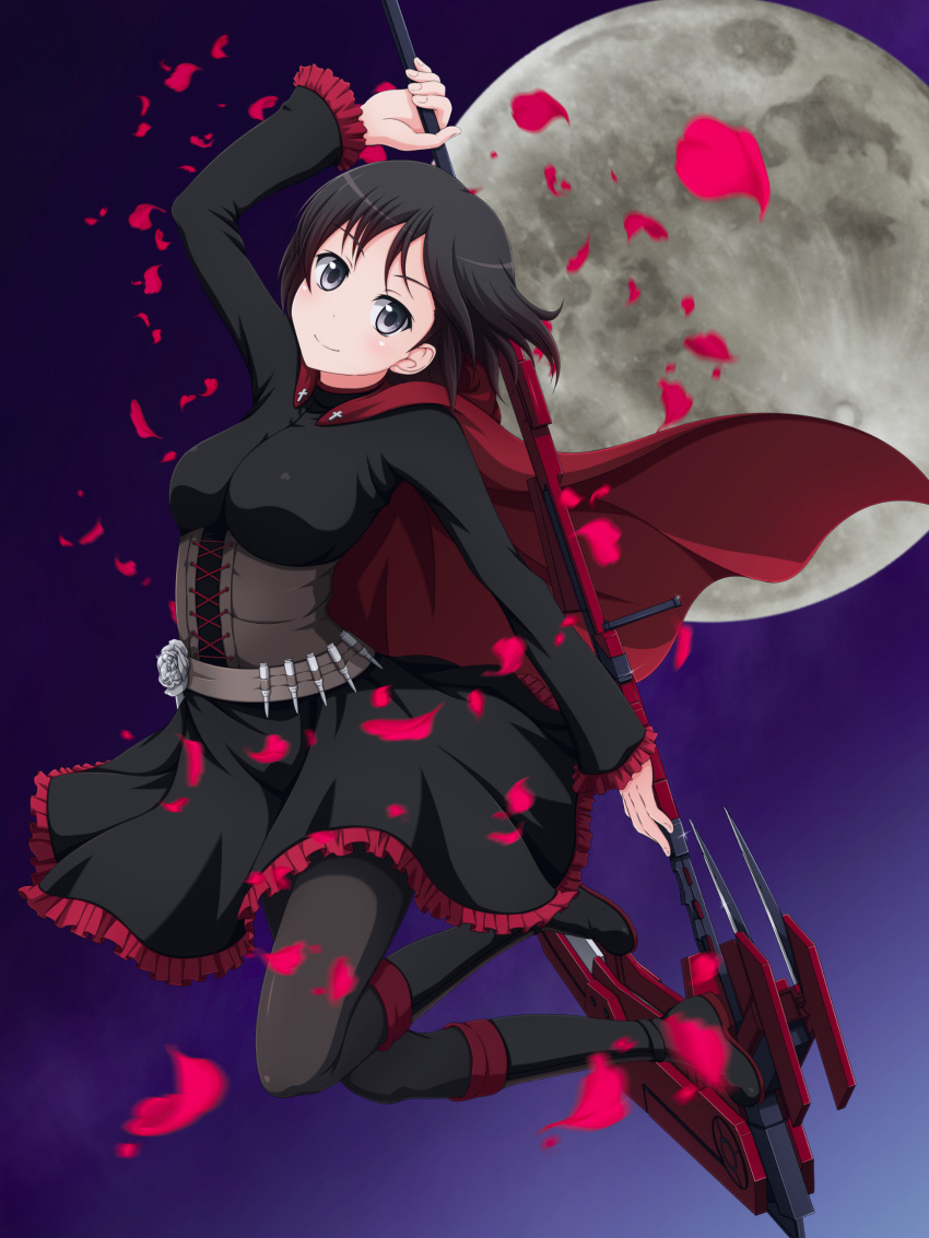 1girl black_boots black_dress black_hair black_legwear boots bullet cape cloak corset crescent_rose cross dress flower frilled_dress frills full_body full_moon grey_eyes highres hood hooded_cloak knee_boots long_hair long_sleeves looking_at_viewer moon pantyhose petals red_cape rose rose_petals ruby_rose rwby scythe shira-nyoro solo