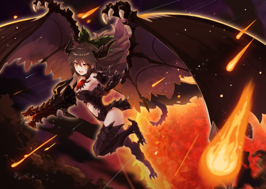 &gt;:d 1girl :d absurdres alternate_wings arm_cannon bow brown_hair commentary dark_clouds dark_sky dragon_girl dragon_tail dragon_wings flying full_body hair_between_eyes hair_bow highres horns long_hair looking_at_viewer meteor meteor_shower monster_girl open_mouth reiuji_utsuho rin_falcon smile solo tail touhou weapon wings yellow_eyes