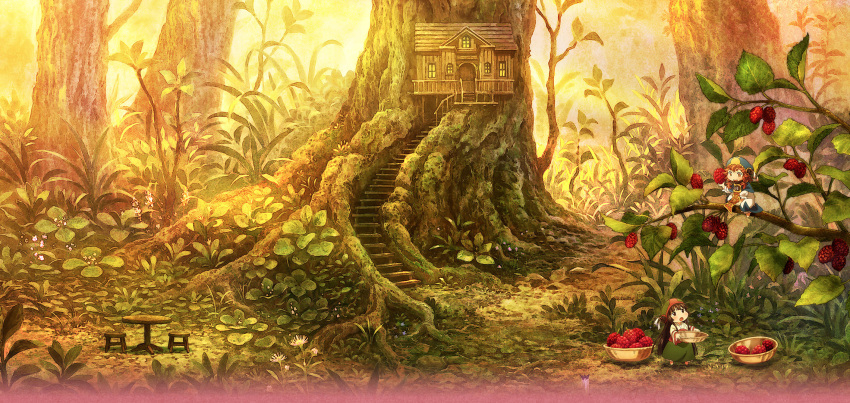 2girls black_hair braid brown_hair chair commentary_request flower food forest fruit hakumei_(hakumei_to_mikochi) hakumei_to_mikochi hat highres house key_visual long_hair mikochi_(hakumei_to_mikochi) multiple_girls nature official_art raspberry short_hair sunset table tree