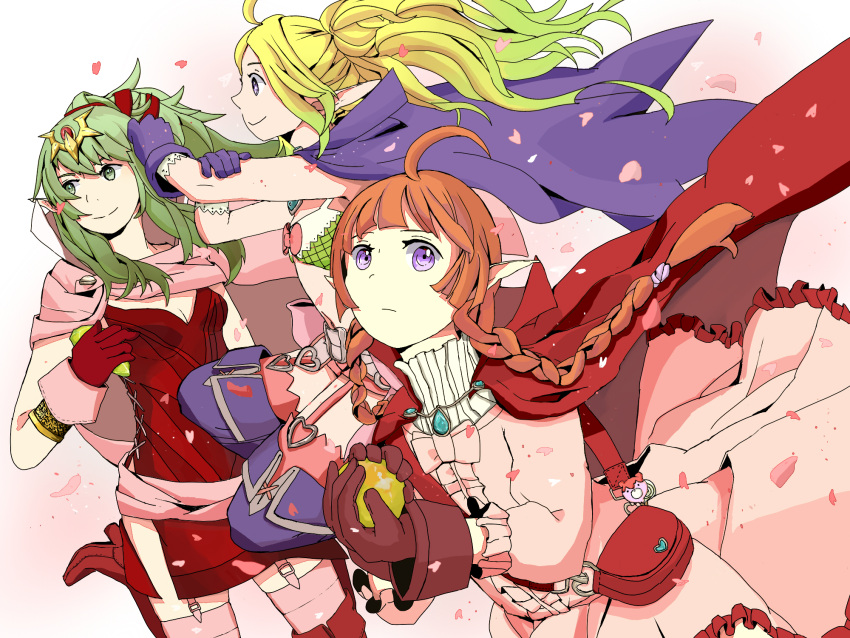 ahoge blonde_hair blush braid breasts brown_hair cape chiki dress fire_emblem fire_emblem:_kakusei fire_emblem:_mystery_of_the_emblem gloves green_eyes green_hair hair_ornament hair_ribbon highres jewelry long_hair multiple_girls nn_(fire_emblem) nowi_(fire_emblem) open_mouth pointy_ears ponytail ribbon smile solo thigh-highs twin_braids violet_eyes