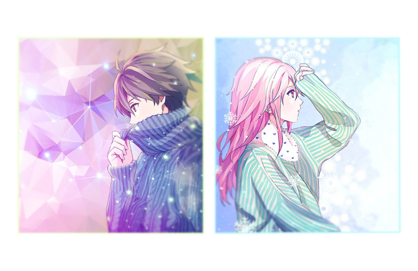 1boy 1girl arm_up blue_sweater brown_eyes brown_hair green_sweater guilty_crown hair_between_eyes highres long_hair ouma_shuu pink_hair red_eyes simple_background snowflakes spiky_hair striped sweater upper_body vertical_stripes white_background yuzuriha_inori