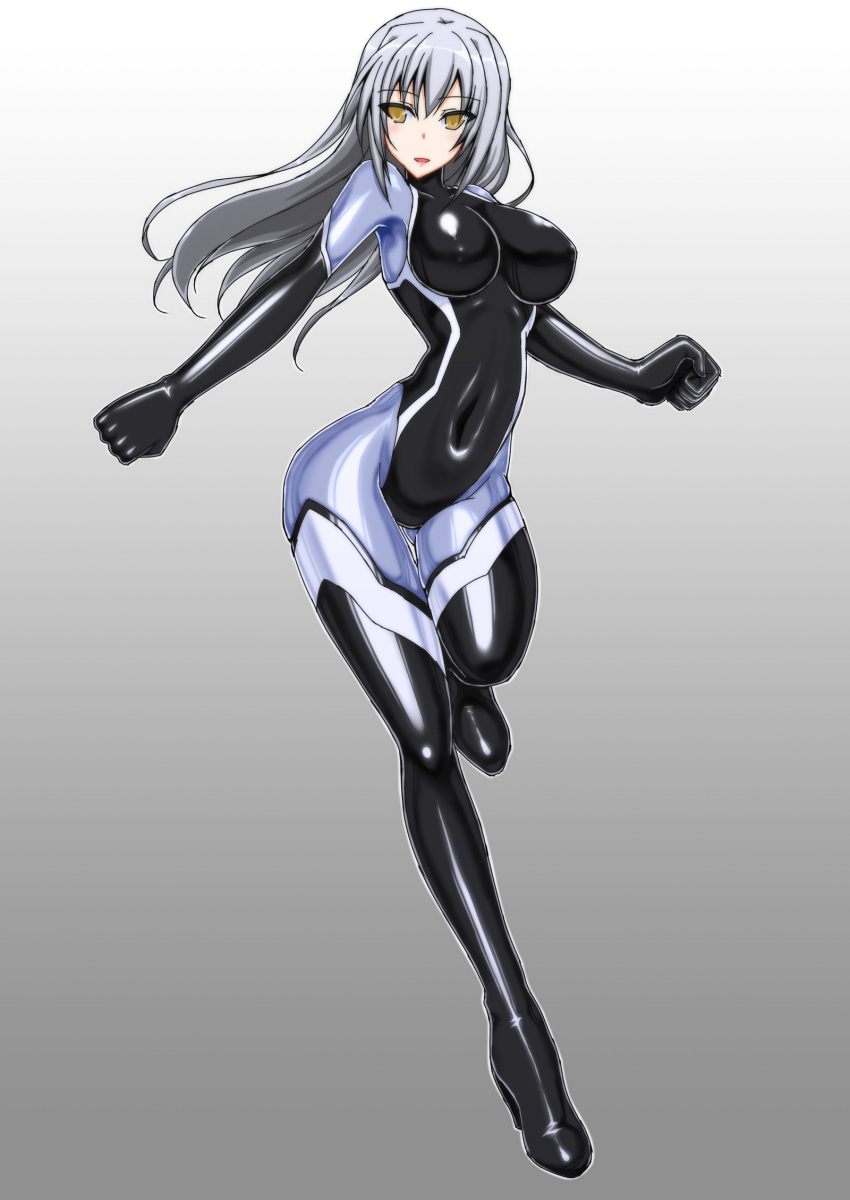 1girl bodysuit breasts covered_navel erect_nipples full_body fuuki_(misty_wind) gluteal_fold gradient gradient_background grey_hair highres large_breasts leg_up long_hair one_leg_raised open_mouth original shiny shiny_clothes skin_tight smile solo standing standing_on_one_leg yellow_eyes