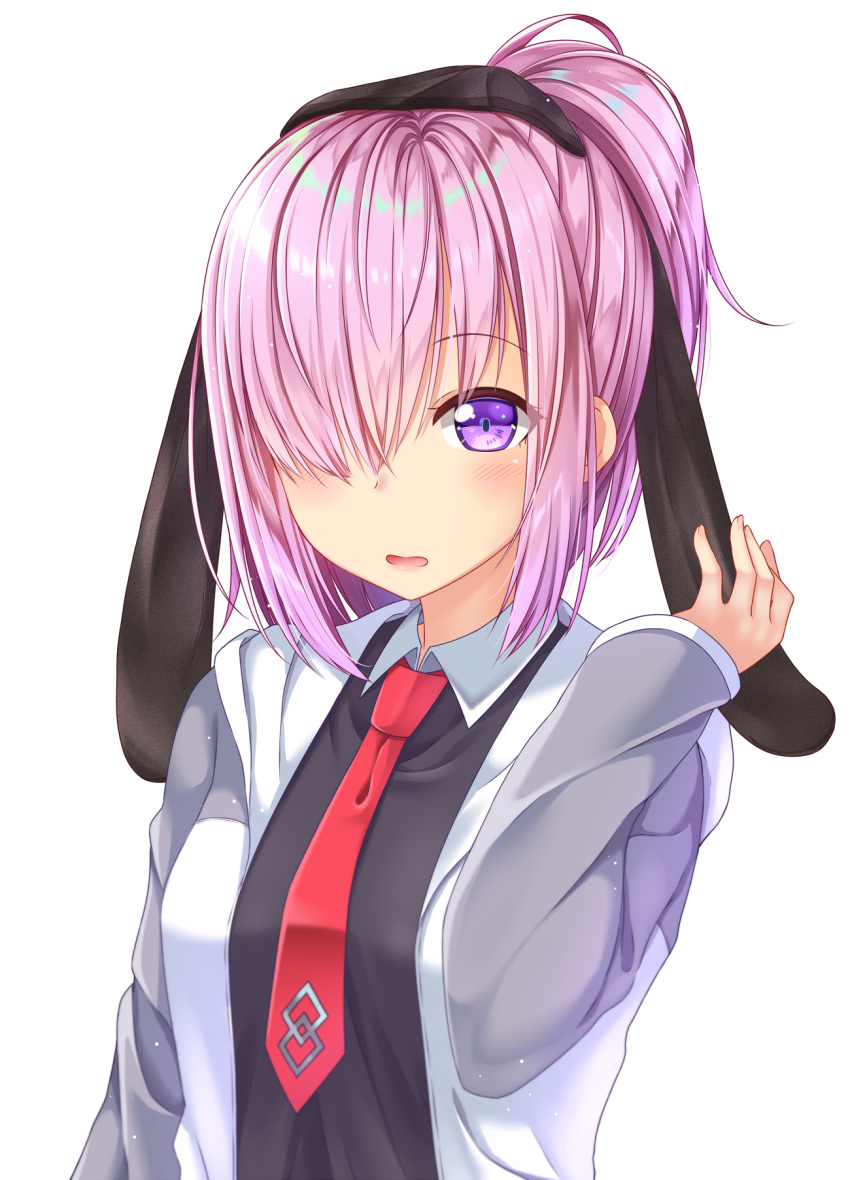 1girl alternate_costume alternate_hairstyle animal_ears bangs black_shirt blush breasts collared_shirt commentary_request eyebrows_visible_through_hair eyelashes fake_animal_ears fate/grand_order fate_(series) gurande_(g-size) hair_between_eyes hair_ornament hair_over_one_eye hand_up highres hood hood_down hooded_jacket hoodie jacket long_sleeves looking_at_viewer necktie open_clothes open_hoodie open_mouth pink_hair ponytail rabbit_ears red_necktie shielder_(fate/grand_order) shiny shiny_hair shirt short_hair simple_background skirt solo standing upper_body violet_eyes white_background wing_collar