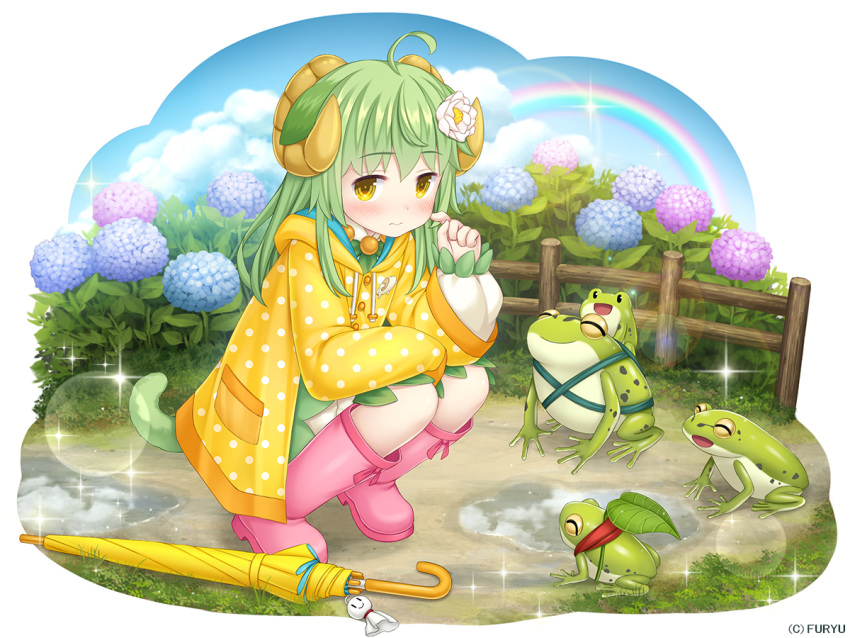 1girl :d ^_^ ^o^ ahoge animal_ears asatsuki_(monmusume-harem) bangs blue_flower blue_sky blush boots buttons closed_eyes closed_mouth clouds cloudy_sky company_name day drawstring eyebrows_visible_through_hair fence finger_to_cheek flower frog full_body grass green_hair hair_flower hair_ornament horns hydrangea lens_flare long_hair long_sleeves looking_at_viewer monmusume-harem namaru_(summer_dandy) official_art open_mouth orange_coat outdoors pink_boots pink_flower pocket polka_dot puddle purple_flower rainbow raincoat red_scarf rock rubber_boots scarf sheep_ears sheep_girl sheep_horns sheep_tail shiny shiny_hair sky smile solo squatting teruterubouzu umbrella white_background white_flower wooden_fence yellow_eyes yellow_umbrella