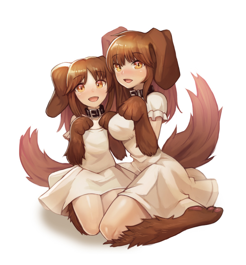 2girls :d absurdres animal_ears animal_hand black_collar blush breasts brown_fur brown_hair collar dog_collar dog_ears dog_girl dog_paws dog_tail dress eyebrows_visible_through_hair flat_chest highres kobold_(monster_girl_encyclopedia) looking_at_viewer medium_breasts monster_girl monster_girl_encyclopedia multiple_girls open_mouth paw_pose paws seiza simple_background sitting smile sookmo tail white_background white_dress yellow_eyes
