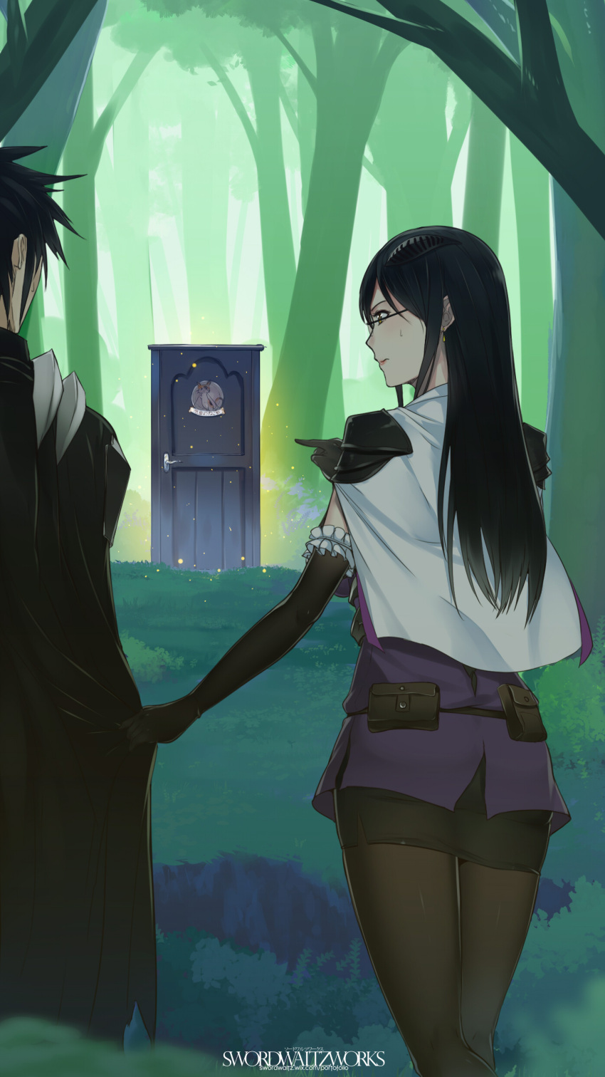 1boy 1girl absurdres artist_name black-framed_eyewear black_cape black_gloves black_hair black_legwear black_skirt breasts brown_eyes cape cape_tug closed_mouth commentary day door earrings elbow_gloves forest frills from_behind glasses gloves hair_ornament highres isekai_shokudou jewelry large_breasts light_particles long_hair looking_at_another nature original outdoors pantyhose pencil_skirt profile sign skirt standing sweatdrop swordwaltz watermark web_address white_cape