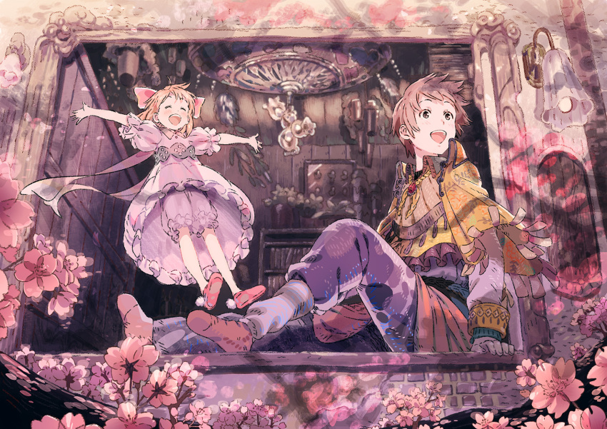 1boy 1girl :d blonde_hair blue_pants blush brown_eyes brown_hair capelet closed_mouth dress flower frame highres jumping lamp looking_away open_mouth original outstretched_arms pants pink_dress pink_flower puffy_short_sleeves puffy_sleeves red_shoes shoes short_sleeves sitting smile socks umishima_senbon yellow_capelet