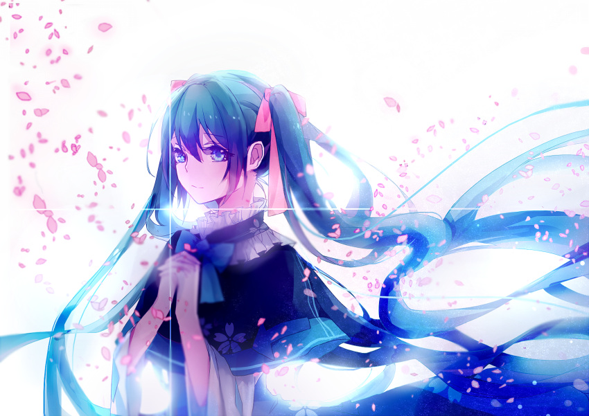 1girl blue_eyes blue_hair eyebrows_visible_through_hair floating_hair hair_between_eyes hair_ribbon hands_clasped hatsune_miku hibari_(18218218) highres pink_ribbon ribbon simple_background solo standing twintails upper_body vocaloid white_background