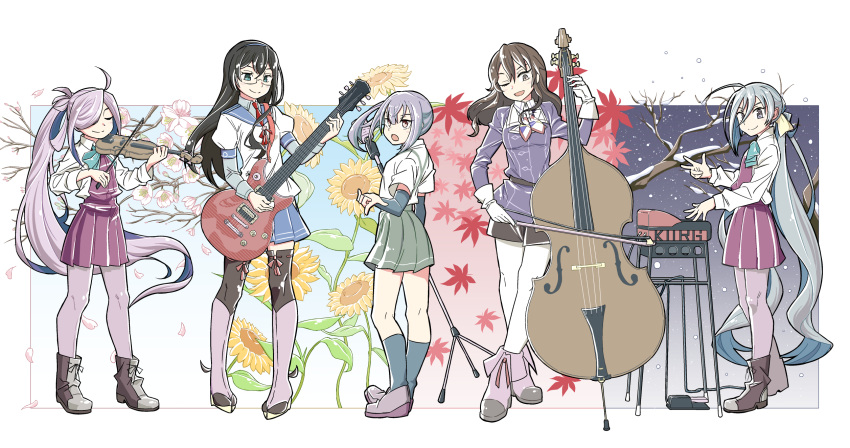 10s 5girls ahoge arm_warmers asashimo_(kantai_collection) ashigara_(kantai_collection) autumn autumn_leaves black_hair black_legwear blue_bow blue_bowtie blue_hair blue_skirt boots bow bow_(instrument) bowtie brown_eyes brown_hair cherry_blossoms closed_eyes commentary_request cross-laced_footwear double_bass dress flower glasses gloves green_eyes grey_eyes guitar hair_between_eyes hair_over_one_eye hairband highres instrument kantai_collection kasumi_(kantai_collection) keyboard_(instrument) kiyoshimo_(kantai_collection) kneehighs lace-up_boots leaf long_hair long_sleeves low_twintails microphone microphone_stand multicolored_hair multiple_girls ndkazh necktie ooyodo_(kantai_collection) pantyhose pedal_(instrument) pleated_skirt plectrum ponytail purple_hair purple_legwear red_necktie school_uniform seasons serafuku shirt short_sleeves side_ponytail silver_hair skirt sleeveless sleeveless_dress smile snow spring_(season) standing summer sunflower suspenders thigh-highs twintails uniform very_long_hair violin white_gloves white_legwear white_shirt winter