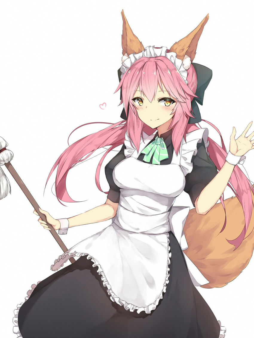 1girl alternate_costume animal_ears apron blush braid breasts dress enmaided fate/extra fate_(series) fox_ears fox_tail frills heart highres large_breasts looking_at_viewer maid maid_apron maid_headdress pink_hair ribbon sdustz short_sleeves simple_background tail tamamo_(fate)_(all) tamamo_no_mae_(fate) thigh-highs twin_braids waist_apron white_background white_legwear wrist_cuffs