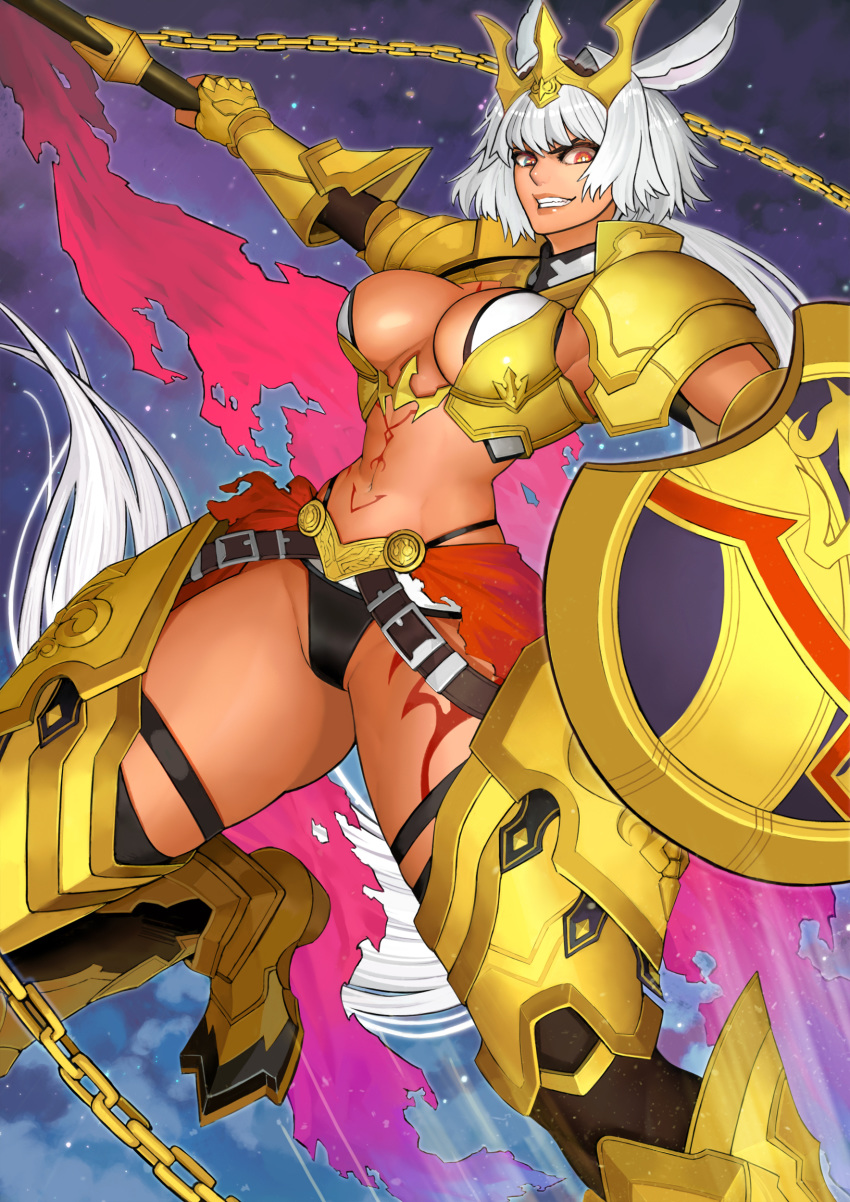 1girl abs absurdres animal_ears bangs bikini black_bikini black_gloves black_legwear body_markings breasts caenis_(fate) cape chain dark_skin eguchi_tumoru elbow_gloves fate/grand_order fate_(series) faulds fire flame gloves gold_armor gold_chain grey_background hair_intakes headpiece highleg highleg_bikini highres large_breasts long_hair looking_at_viewer navel parted_lips pauldrons polearm ponytail red_cape red_eyes shield shoulder_armor sky solo spear star_(sky) starry_sky swimsuit tattoo thigh-highs thigh_gap waist_cape weapon white_hair