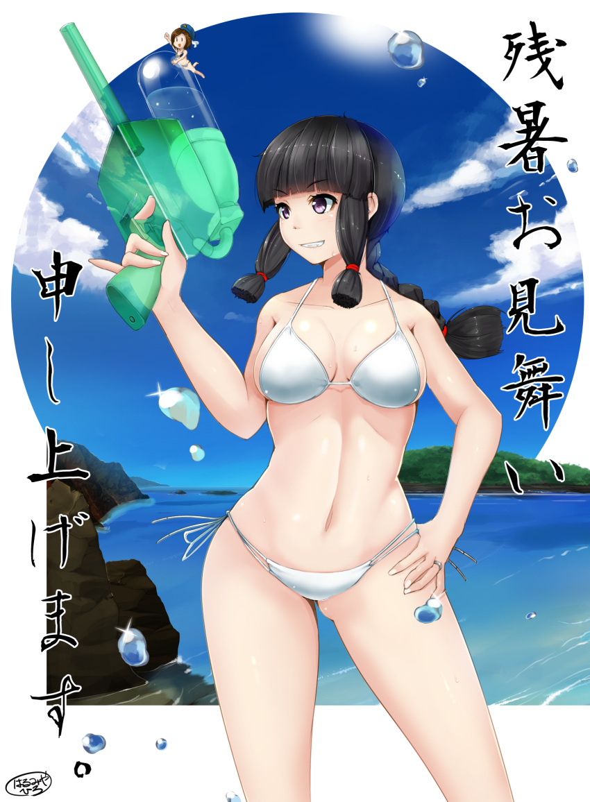 10s 1girl bangs bikini black_hair blunt_bangs braid breasts clouds cowboy_shot fairy_(kantai_collection) hand_on_hip harumiya_hiro highres hime_cut kantai_collection kitakami_(kantai_collection) long_hair medium_breasts minigirl ocean side-tie_bikini single_braid sky solo swimsuit translated water_gun white_bikini zanshomimai