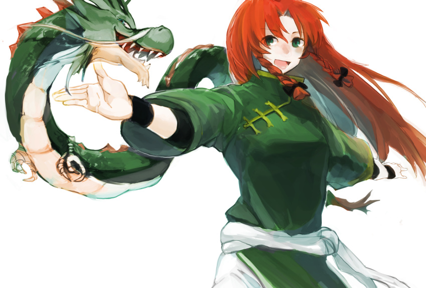 1girl alternate_costume braid chinese_clothes dragon eastern_dragon green_eyes henpei_saboten highres hong_meiling long_hair looking_at_viewer open_mouth outstretched_arms redhead smile touhou twin_braids white_background