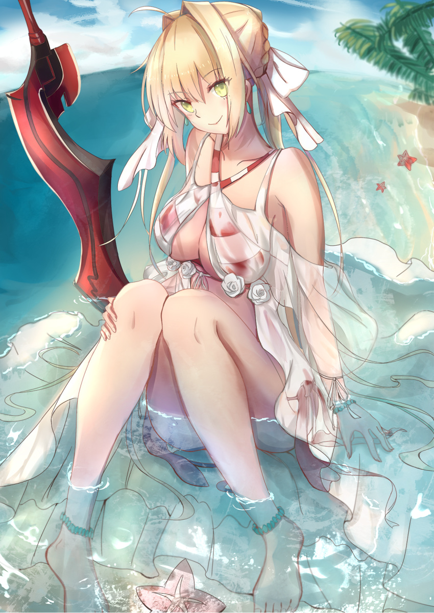 1girl :&gt; aestus_estus bangs barefoot beach bikini blonde_hair blue_sky braid breasts cleavage closed_mouth clouds cloudy_sky collarbone criss-cross_halter day dress eyebrows_visible_through_hair fate/grand_order fate_(series) fisheye frills green_eyes hair_between_eyes hair_intakes halter_top halterneck highres knees_together_feet_apart knees_up large_breasts long_hair looking_at_viewer nero_claudius_(swimsuit_caster)_(fate) ocean outdoors palm_tree partially_submerged planted_sword planted_weapon red_bikini saber_extra sakaki_(sakayu123) see-through sidelocks sitting sky smile solo striped striped_bikini swimsuit sword tree tsurime twintails weapon white_bikini white_dress
