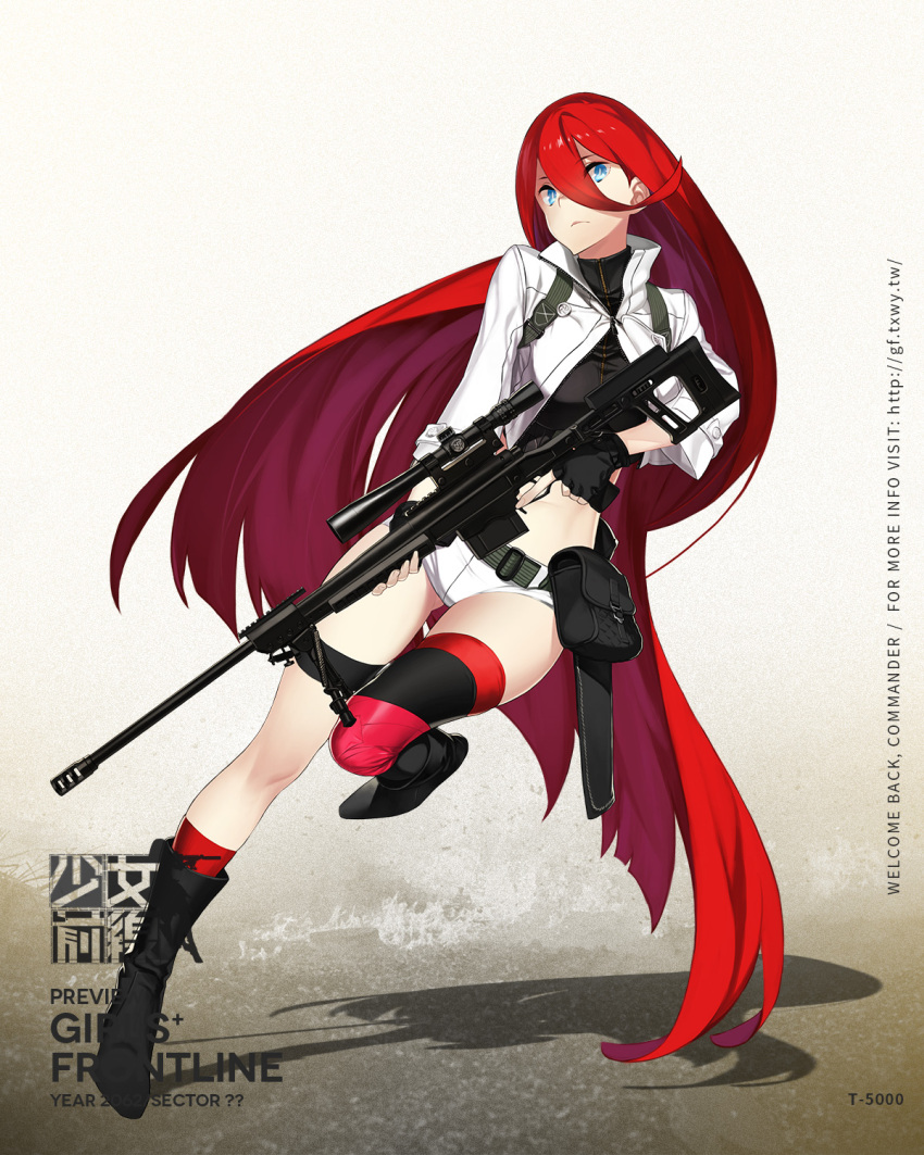 1girl 92m bangs belt bipod black_boots black_gloves blue_eyes boots breasts character_name closed_mouth copyright_name crop_top error fingerless_gloves floating_hair full_body girls_frontline gloves gun hair_between_eyes highres jacket knee_boots kneehighs load_bearing_equipment long_hair looking_at_viewer medium_breasts midriff official_art open_clothes open_jacket pouch redhead rifle scope shadow short_shorts shorts single_kneehigh single_thighhigh sniper_rifle solo t-5000_(girls_frontline) thigh-highs thigh_strap trigger_discipline tsurime turtleneck very_long_hair watermark weapon web_address white_shorts