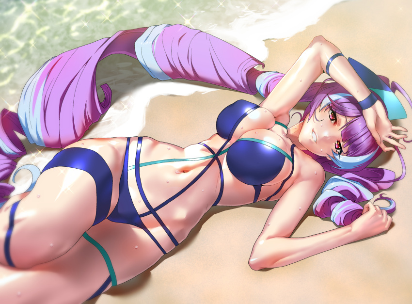 1girl arm_up beach bikini blue_bikini blue_hair blurry breasts cleavage collarbone commentary_request depth_of_field don_(rg06268) erect_nipples eyebrows_visible_through_hair highres large_breasts long_hair looking_at_viewer lying macross macross_delta mikumo_guynemer multicolored_hair navel on_back outdoors parted_lips purple_hair red_eyes sand shiny shiny_hair skindentation smile solo sparkle swimsuit teeth thigh_strap two-tone_hair very_long_hair water wet