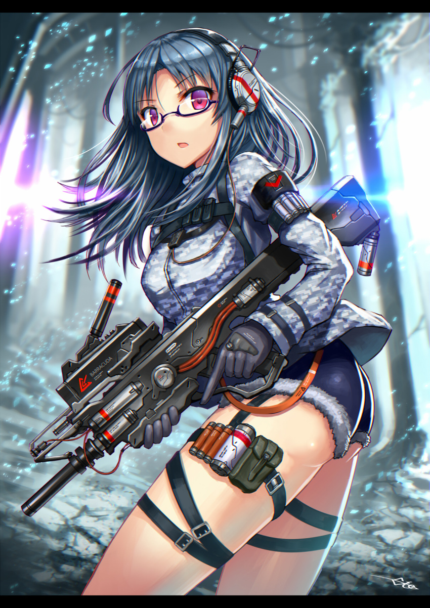 1girl blue_hair cutoffs gia glasses gloves gun headset highres jacket long_hair looking_at_viewer original profile red_eyes semi-rimless_glasses solo standing thigh_strap trigger_discipline weapon