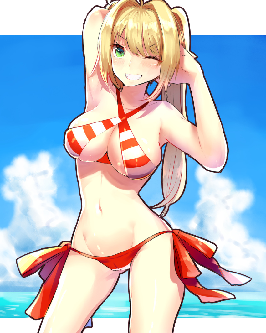 &gt;;) 1girl ahoge arm_up bangs bikini blue_sky breasts cleavage clouds cloudy_sky cowboy_shot criss-cross_halter day eyebrows_visible_through_hair fate/grand_order fate_(series) grin guri1105 hair_intakes halterneck hand_up highres large_breasts long_hair looking_at_viewer navel nero_claudius_(swimsuit_caster)_(fate) ocean one_eye_closed outdoors parted_lips red_bikini saber_extra side-tie_bikini sidelocks sky smile solo striped striped_bikini swimsuit teeth thighs twintails white_bikini